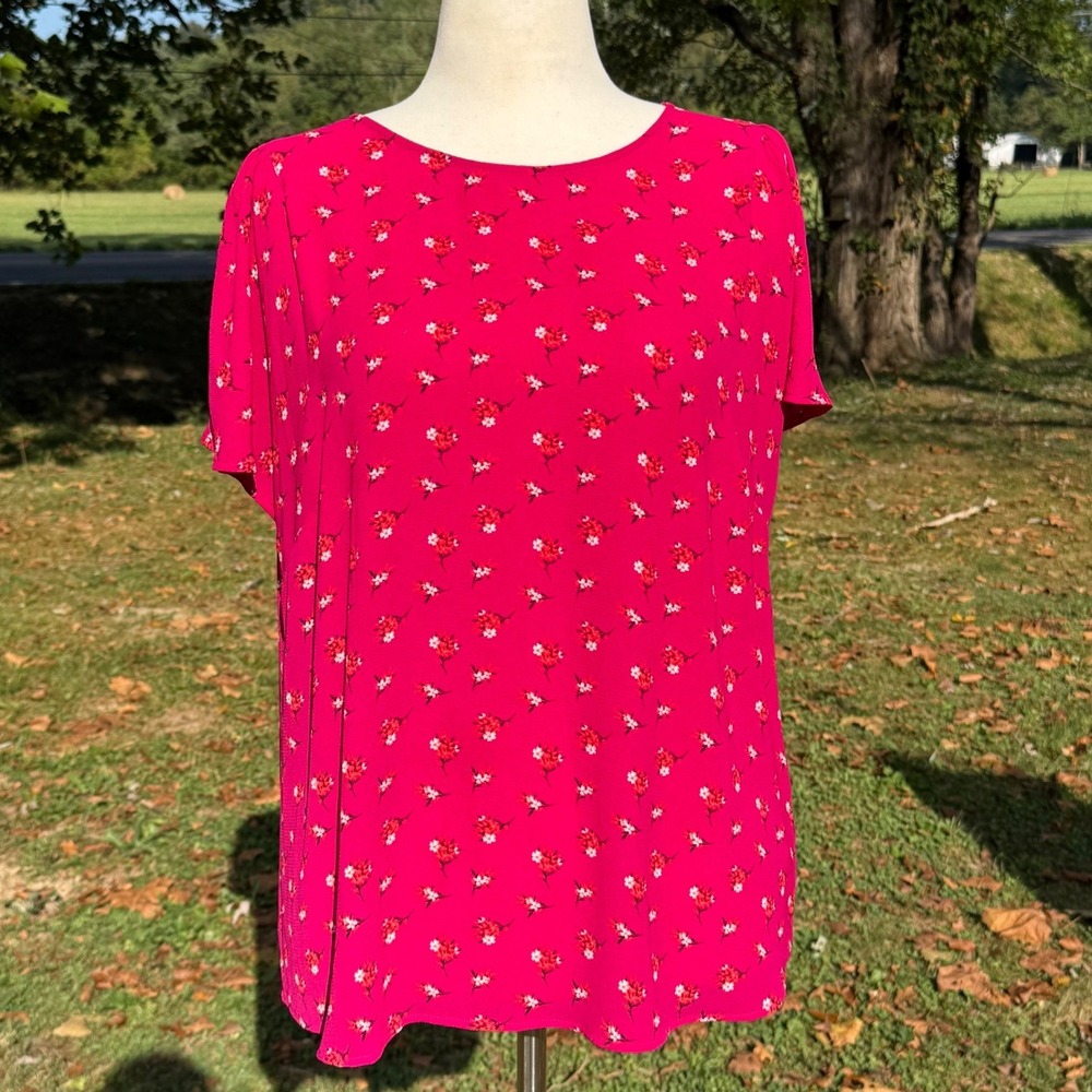 CeCe Pink Floral Short Sleeve Keyhole Back Blouse XL Floral Print Crepe Top